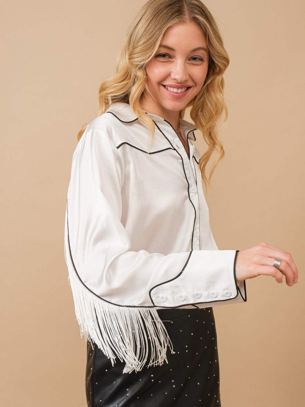 White Fringe Satin Blouse with Black Trim - Picture 3 of 4